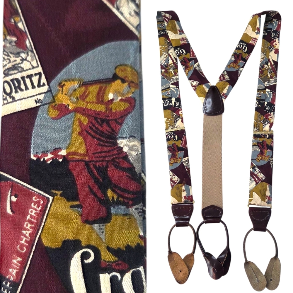 Vintage Cas Germany Silk Golf Themed Suspenders Brown Burgundy White